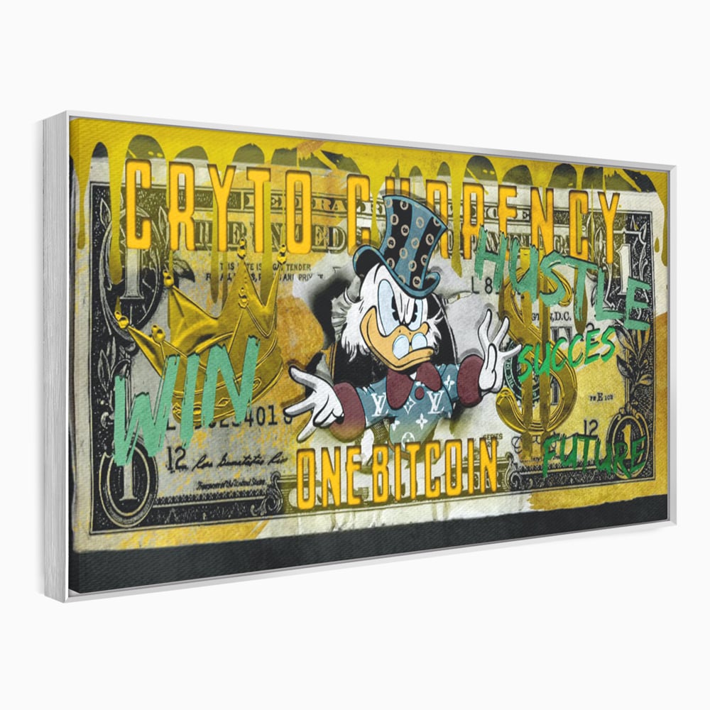 Tablou canvas cu tablou canvas cu donald duck si bitcoin, in rama de aluminiu argintiu